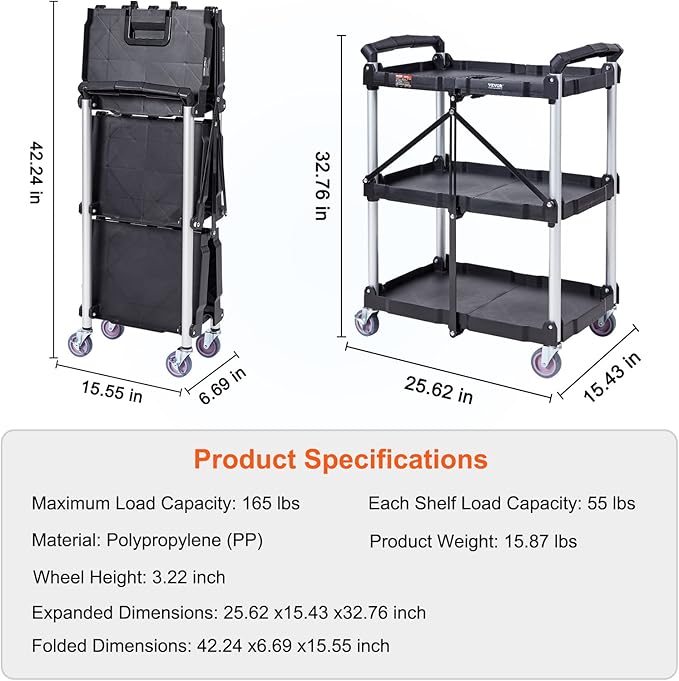 VEVOR Foldable Utility Service Cart, 165LBS 3 Shelf Heavy Duty Plastic Rolling - Image 7
