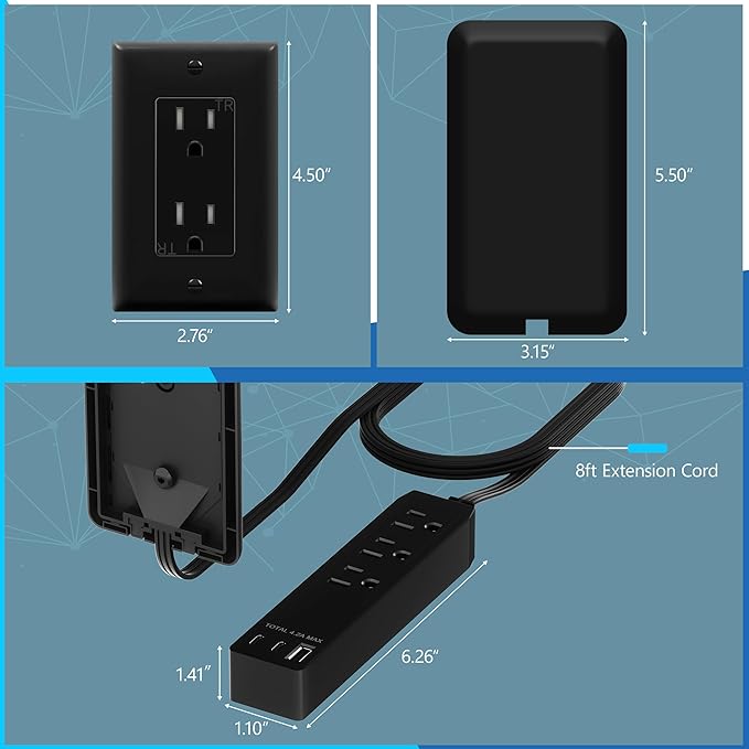 LIDER Outlet Extender with 3 Receptacles, 21W USB Type-A, and 2 USB Type-C - Image 3