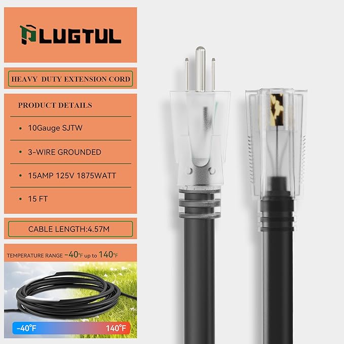 PLUGTUL 10 Gauge Extension Cord 15FT, Heavy Duty, 15A 1875W SJTW, ETL Listed - Image 2