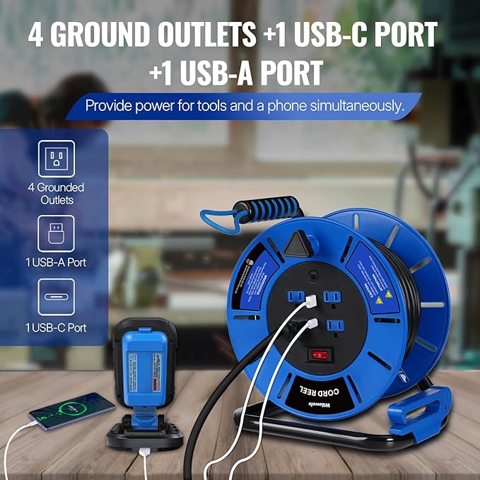 80 FT Retractable Extension Cord Reel, 14AWG Heavy Duty Power Cord - Image 4