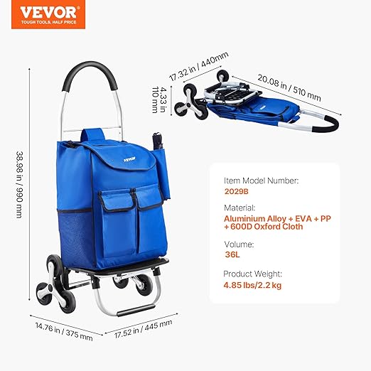 VEVOR Stair Climber Cart, 36L Capacity, Grocery Cart Laundry Stair Climbing - Image 7