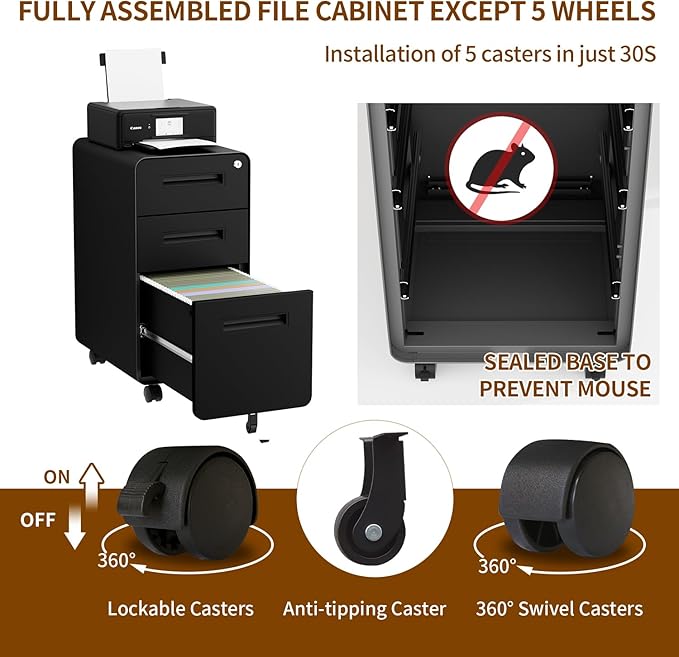 3 Drawer File Cabinet with Lock and 4 Keys, Mobile Metal Filing Cabinet - Image 8