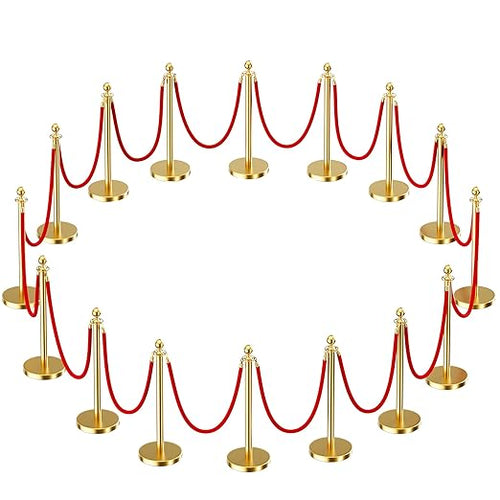 16pcs Sturdy Gold Stanchion Posts and 16pcs High Quality Red Carpet Velvet Ropes by CAMMOO
