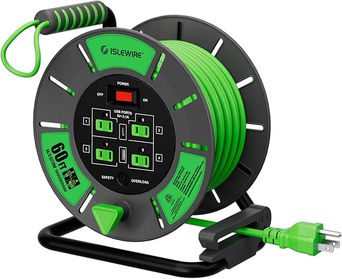 60 FT Retractable Extension Cord Reel, 14AWG SJTOW Heavy Duty Power Cord by ISLEWIRE