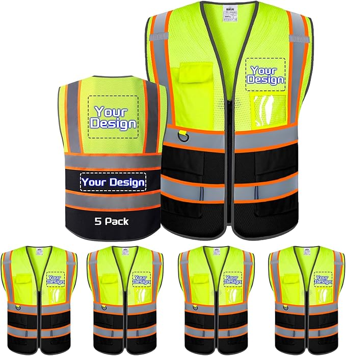 Custom Safety Vest with Logo Pockets High Visibility Reflective Vests by CustomTok