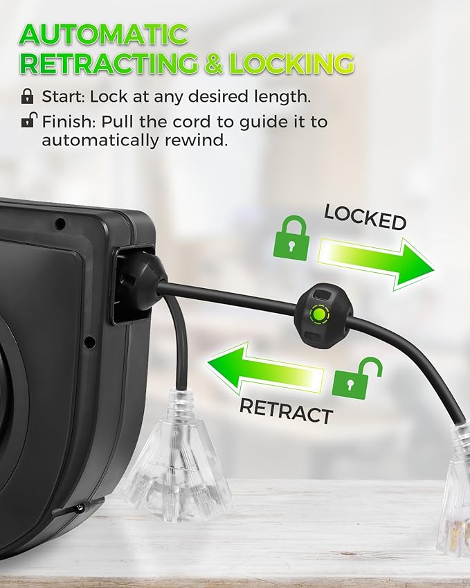 Retractable Cord Reel, 75 FT Heavy Duty Extension Cord, 14AWG/3C SJTOW - Image 3