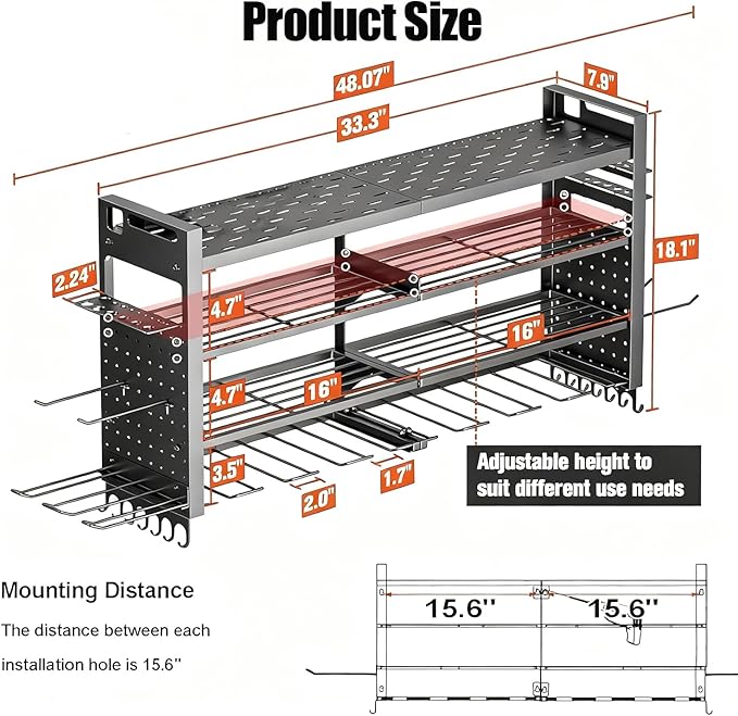 33" W Power Tool Organizer Wall Mount, 4-Layer Heavy Duty Tool Storage - Image 2