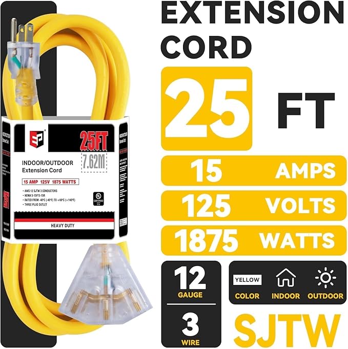 EP 2 Pack 25 Ft 12 Gauge Heavy Duty Extension Cord, 15A 125V 1875W, 3 Outlet - Image 2