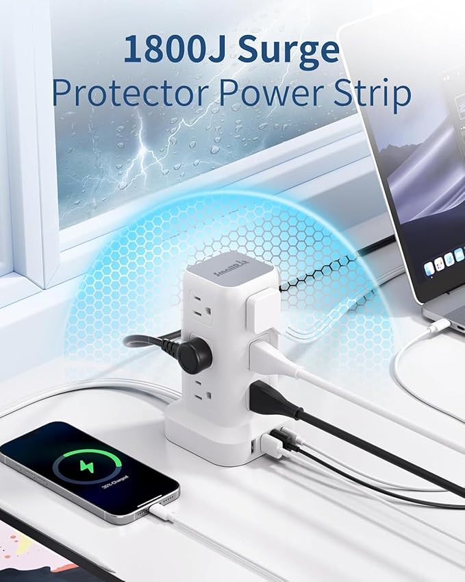 Power Strip Tower, 16.5 Ft Flat Plug Extension Cord, 16 in 1 Power Bars - Image 3