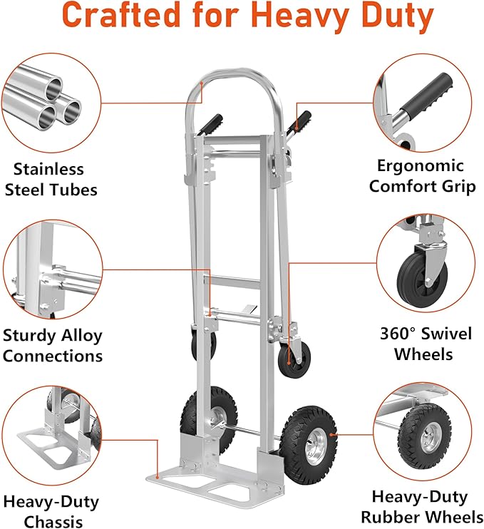 800 LBS Dolly Cart with Wheels, 2 in 1 Folding Hand Truck, Stainless Steel - Image 5
