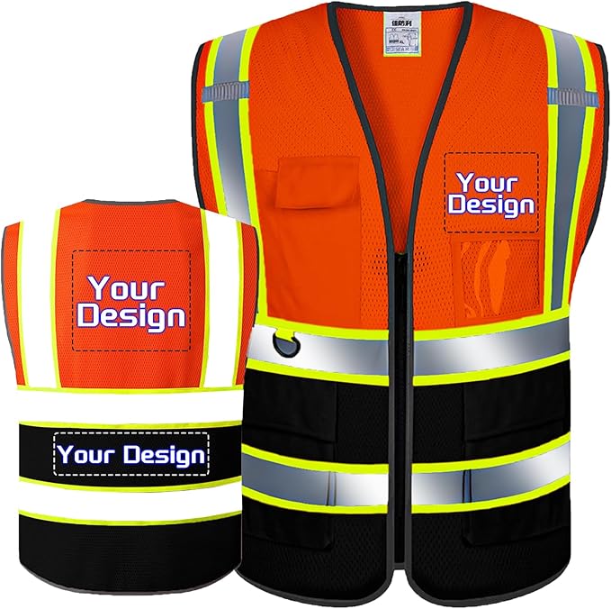 Custom Safety Vest with Logo Pockets High Visibility Reflective Vests by CustomTok