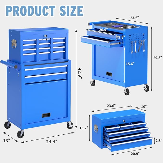 8 Drawer High Capacity Rolling Tool Chest, Metal Tool Box - Image 3