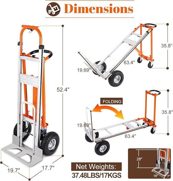 4-in-1 Convertible Hand Truck Dolly Cart, 770 lbs Heavy Duty Folding Hand Truck - Image 6