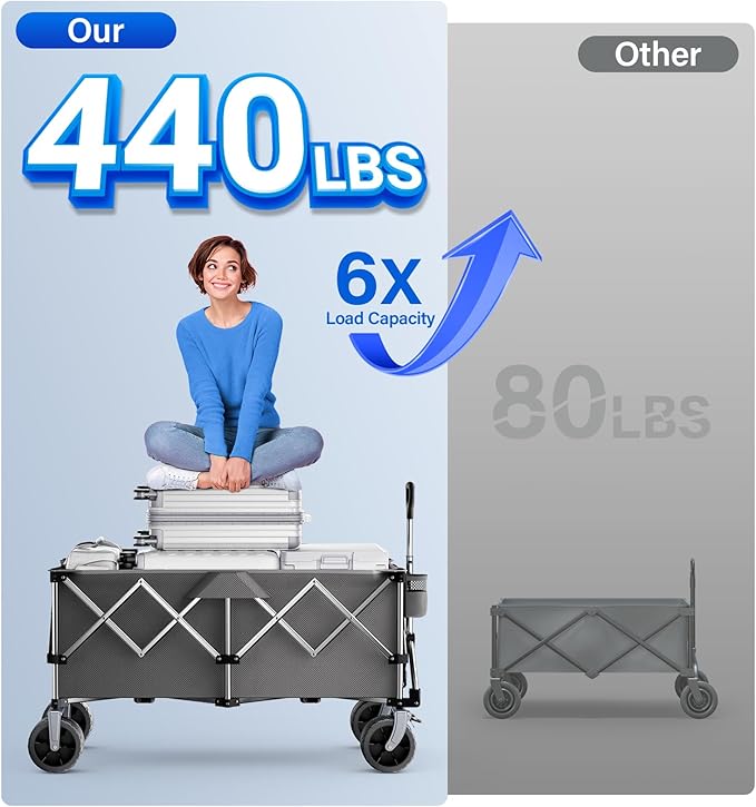 Wagons Carts Foldable Heavy Duty, 440lbs Capacity & 350L Collapsible Utility - Image 3