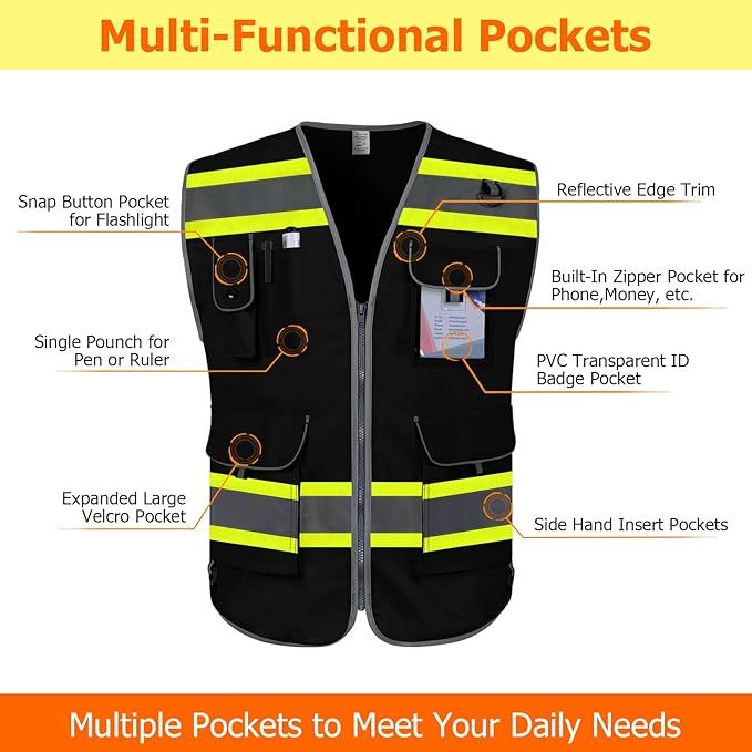 TCCFCCT Safety Vest 9 Pockets High Visibility Reflective Safety Vest - Image 3