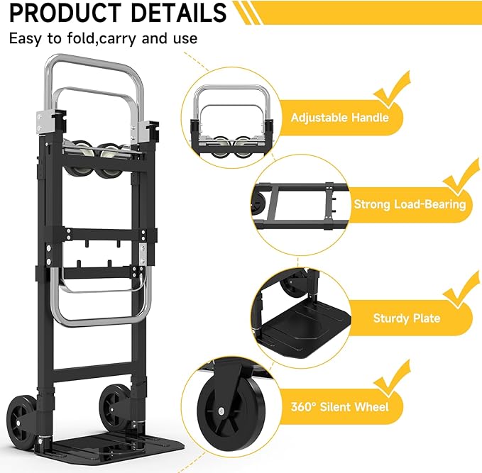 3-in-1 Heavy Duty Folding Hand Truck, 500LB Capacity Convertible Steel Dolly - Image 4