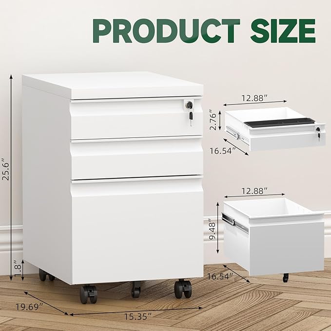 3 Drawer File Cabinet on Wheels, 25.6" H White Filing Cabinet - Image 3