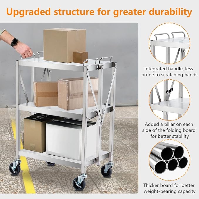 Upgraded Superior Foldable Stainless Steel Utility Cart, 300 LBS Heavy - Image 5