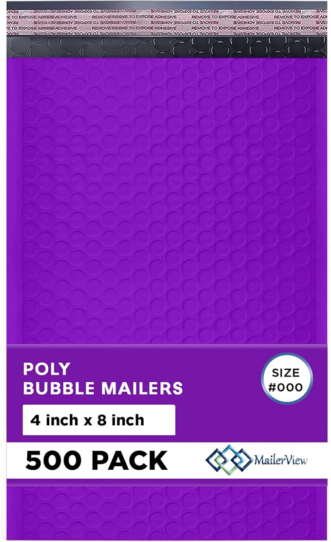 Purple Small Bubble Mailers 4x8 Inch #000 | Thick Padded Poly Bubble Mailer by MAILERVIEW