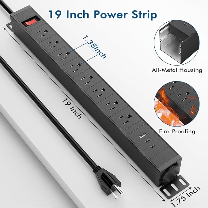 8 Outlet Metal Wall Mount Power Strip, 360° Rotatable Mounting, PD 20W USB C - Image 7