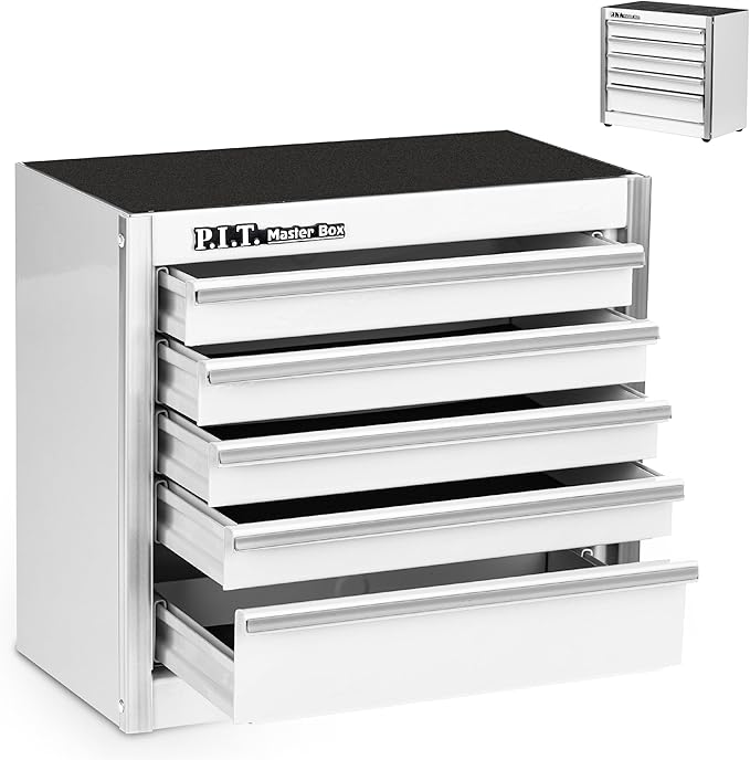 P.I.T. Mini White Tool Box, Portable 5-Drawer Micro Roll Cab Steel Stackable by PIT
