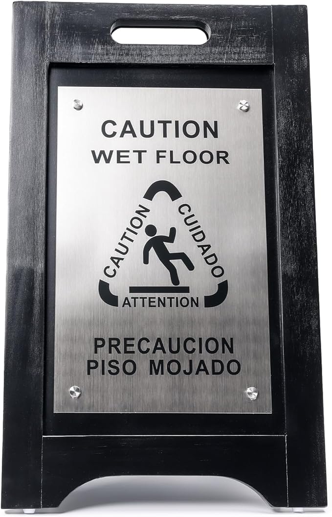 Premium Wooden Caution Wet Floor Sign – Bilingual w/ Non-Skid Plastic Feet – - Image 8