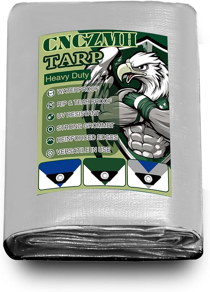 Heavy Duty Tarp Waterproof 12x20 Feet, 10 Mil Thick Silver Blue Poly Tarps by CNCZMH