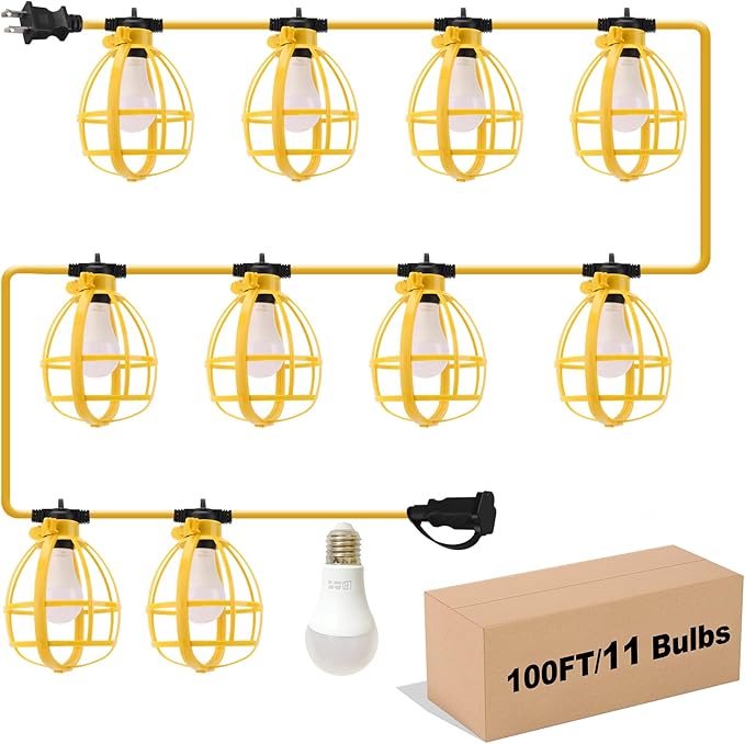 100FT Construction String Lights, 100W 11 Bulbs Work Lights by Yaoledly