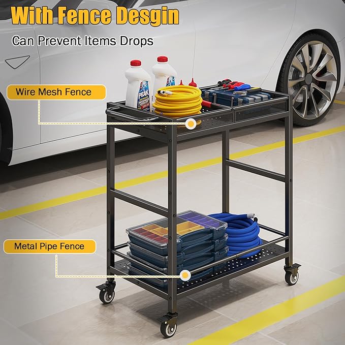 300LBS Heavy Duty Service Utility Cart on Wheels, Metal Rolling Utility Cart - Image 4