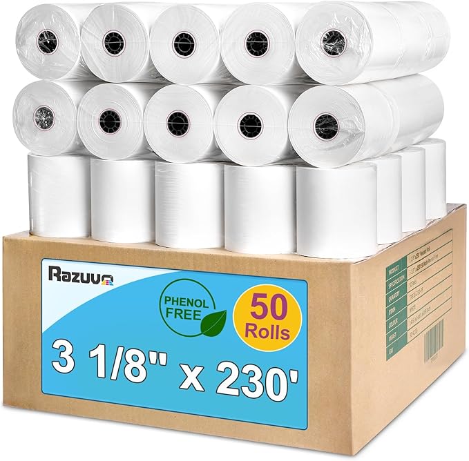 3 1/8 x 230 Thermal Paper Rolls, BPA BPS Phenol Free by Razuvo