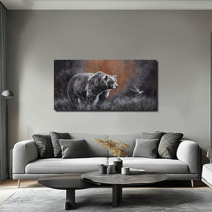 ZHENGYIN Grizzly Bear & Bird Canvas Wall Art, Warm Earth Tone Glow, Rustic by Unknown