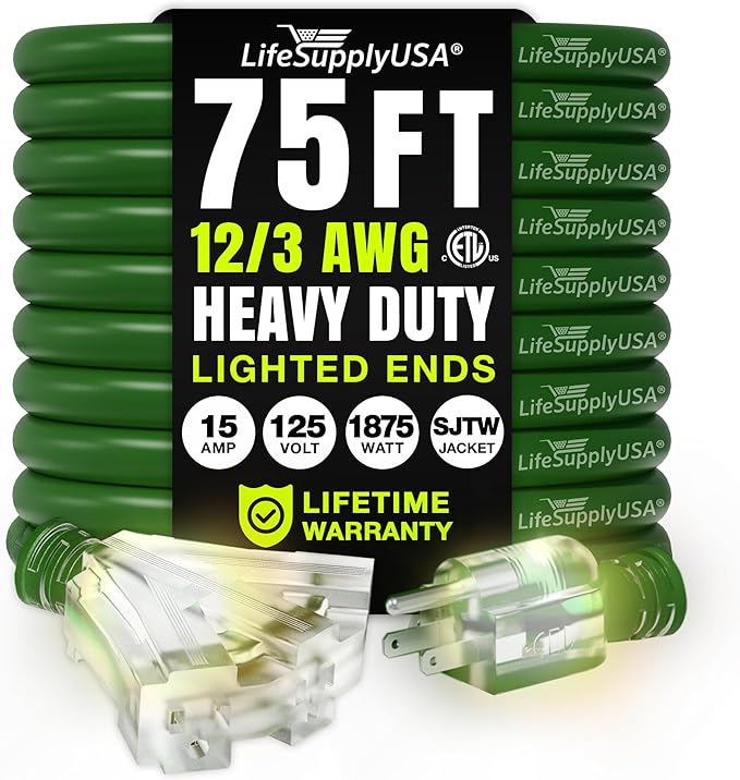 75ft Outdoor/Indoor Extension Cord 3-Outlet 12/3 Gauge Extra Heavy Duty ETL by LifeSupplyUSA
