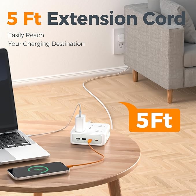 TESSAN Surge Protector Power Strip, 5 Ft Extension Cord Flat Wall Plug - Image 6