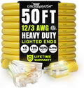50ft Outdoor/Indoor Extension Cord 3-Outlet 12/3 Gauge Extra Heavy Duty ETL by LifeSupplyUSA