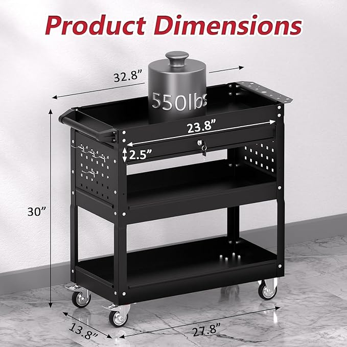 3 Tier Rolling Tool Cart on Wheels, Heavy Duty Service Cart Industrial Utility - Image 3