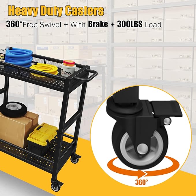 300LBS Heavy Duty Service Utility Cart on Wheels, Metal Rolling Utility Cart - Image 2