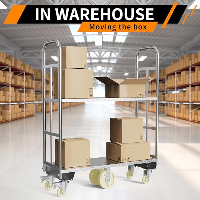 Two Tier U-Boat Platform Truck Cart, 16 x 48Inch Narrow Aisle Flatbed Truck - Image 8