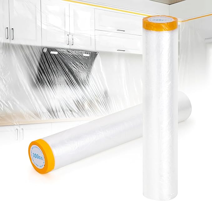 Pre-Taped Masking Film 2 Pack Each 10 x 65 feet Rolls, Tape and Drape, Painters by MATUFF