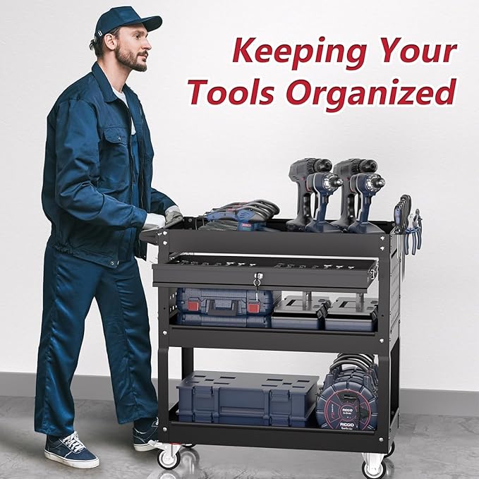 3 Tier Rolling Tool Cart on Wheels, Heavy Duty Service Cart Industrial Utility - Image 5
