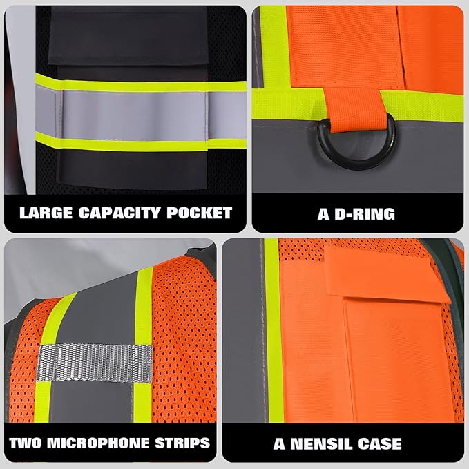 Custom Safety Vest with Logo Pockets High Visibility Reflective Vests - Image 3