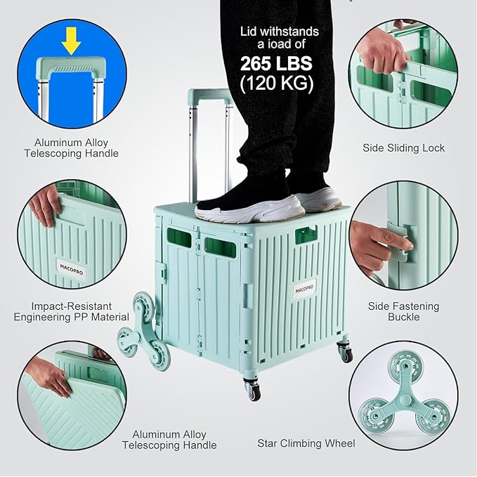 Foldable Utility Cart with Stair Climbing Wheels, Collapsible Rolling Crate - Image 4