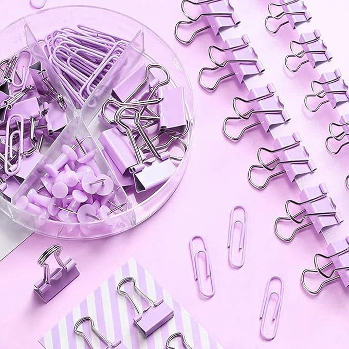 Purple Binder Clips and Paper Clips Push Pins Tacks Sets, Total 72 PCS Assorted - Image 7