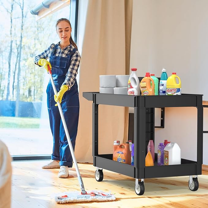 Utility Cart on Wheels, 2 Shelf Heavy Duty Plastic Rolling Cart, 550LBS - Image 7