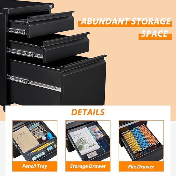 3 Drawer File Cabinet with Wheels, Metal Filing Cabinet with Lock, Office - Image 5