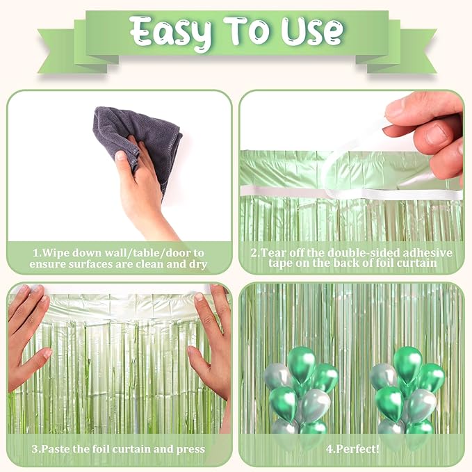 3 Pack 3.3 x 8.2 ft Sage Green Foil Fringe Backdrop Curtains, Tinsel Streamers - Image 4