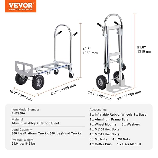 VEVOR Aluminum Truck, 2 in 1, 800 lbs Load Capacity, Heavy Duty Industrial - Image 7