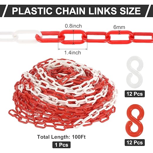 PATIKIL Plastic Chain Links, 100 Foot Safety Barrier Chain Red/White - Image 3
