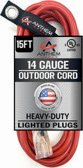 15 ft - 14 Gauge Extension Cord Outdoor - Made in USA - Lighted on Both Ends - by AnthemCable