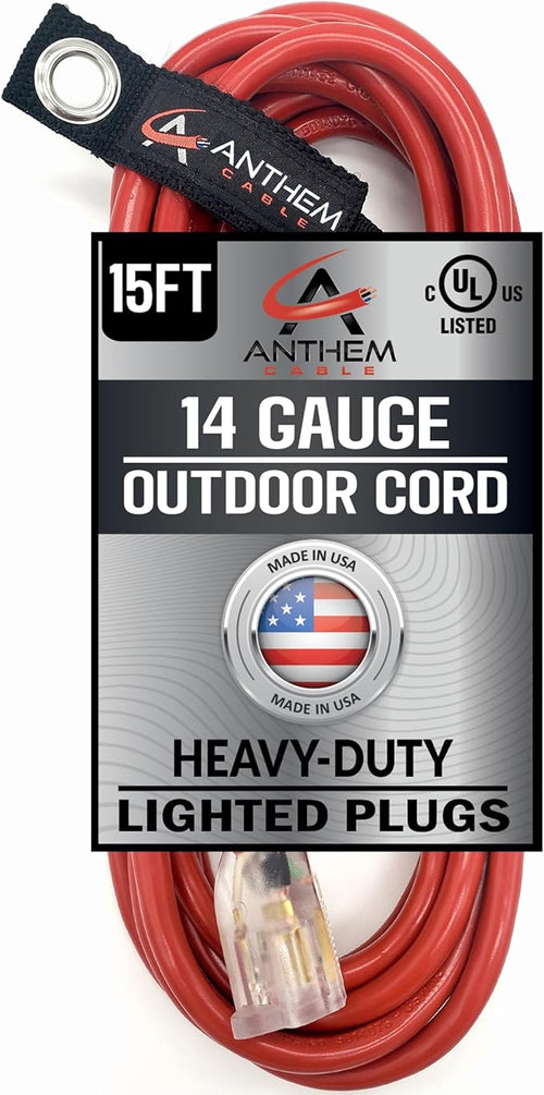 15 ft - 14 Gauge Extension Cord Outdoor - Made in USA - Lighted on Both Ends - by AnthemCable