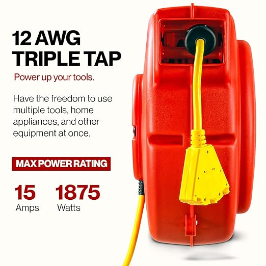 ReelWorks Extension Cord Reel Retractable 12AWG x 65' Foot 3C/SJT Heavy Duty - Image 2